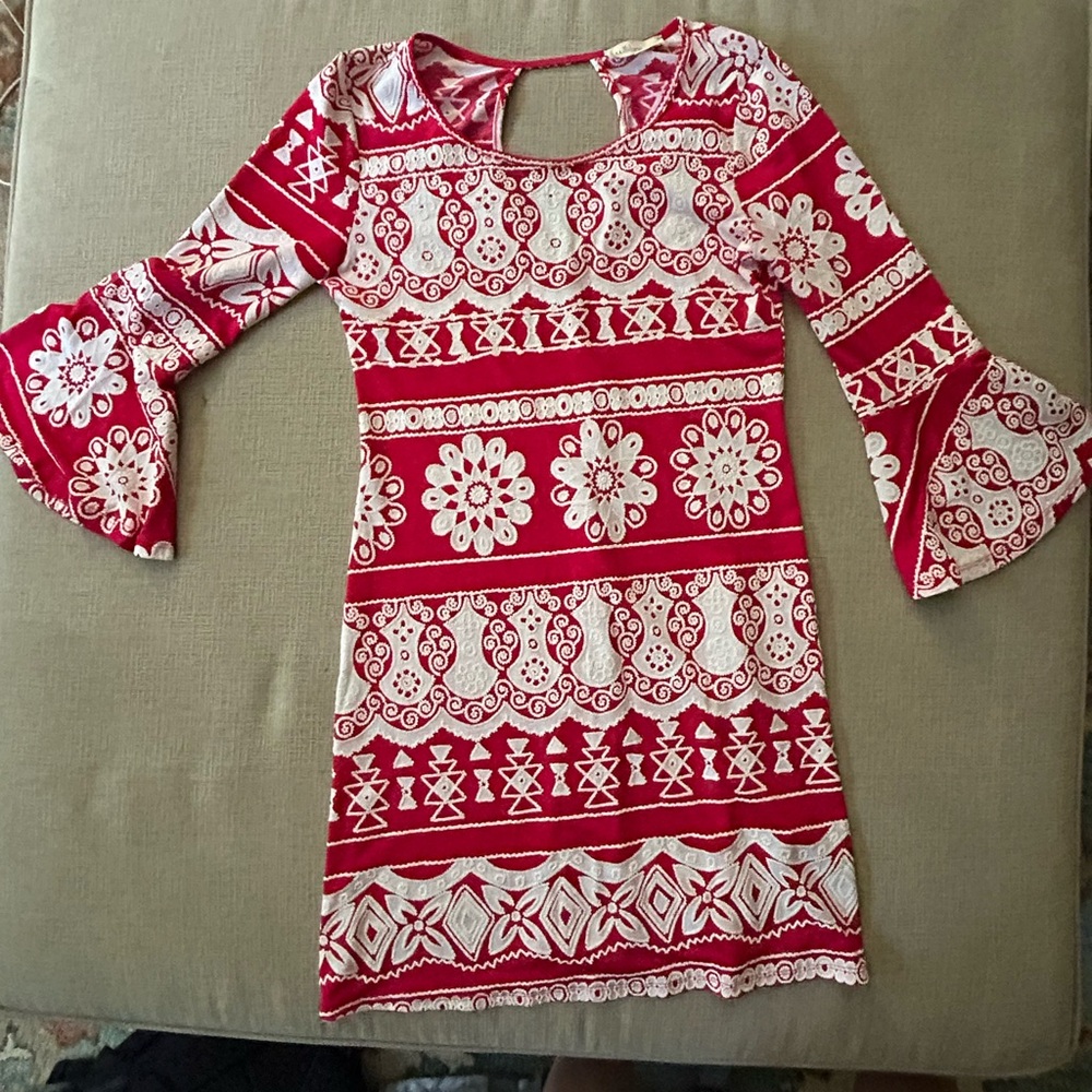 Red and White Patterned Bell Sleeve Dress